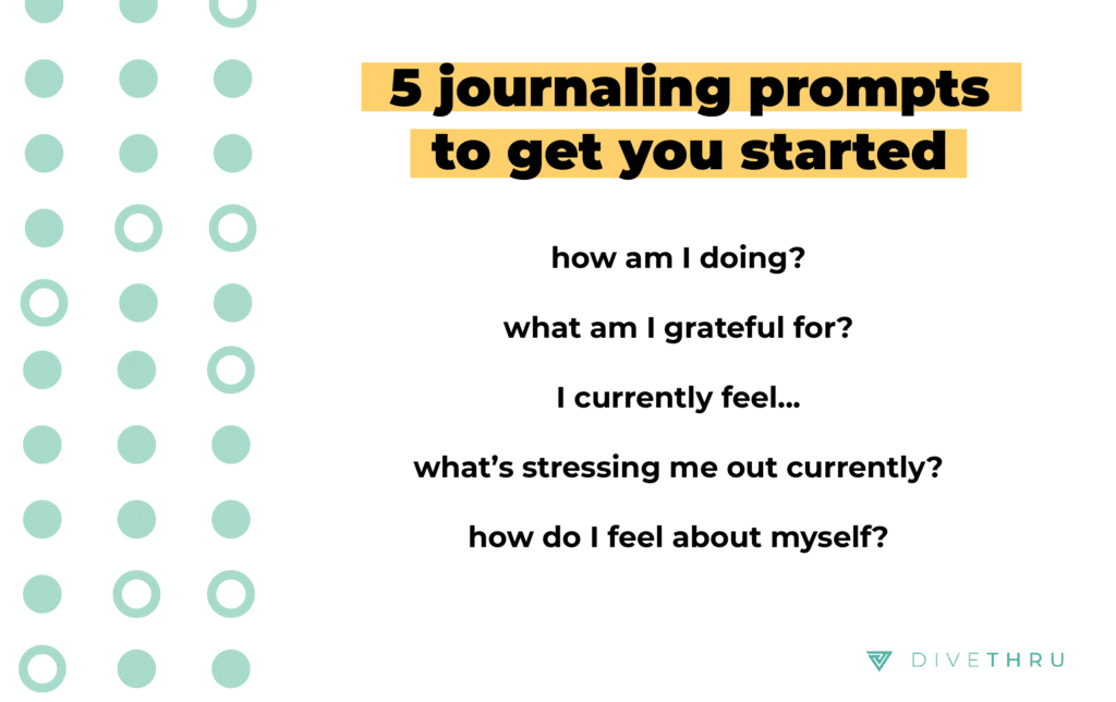 5 journaling prompts to get you started: how am I doing? what am I grateful for? I currently feel... what's stressing me out currently? how do I feel about myself?