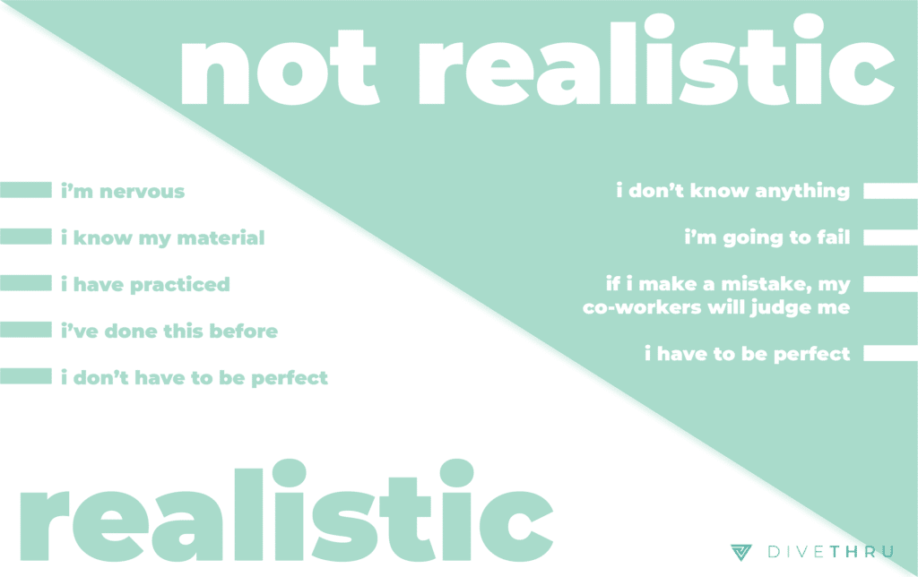 The image has a table of realistic versus not realistic intruding thoughts. Not realistic thoughts include "I don't know anything; I'm going to fail; If I make a mistake, my co-workers will judge me; I have to be perfect." Realistic thoughts include: "I'm nervous; I know my material; I have practiced; I've done this before; I don't have to be perfect."